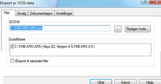 5.3. Eksporter til SOSI AR5-basen skal leveres Fylkeskartkontoret på SOSI-format. Bruk kommando (meny) Import/Eksport SOSI eksport SOSI 4.0 eller nyere. Nb!