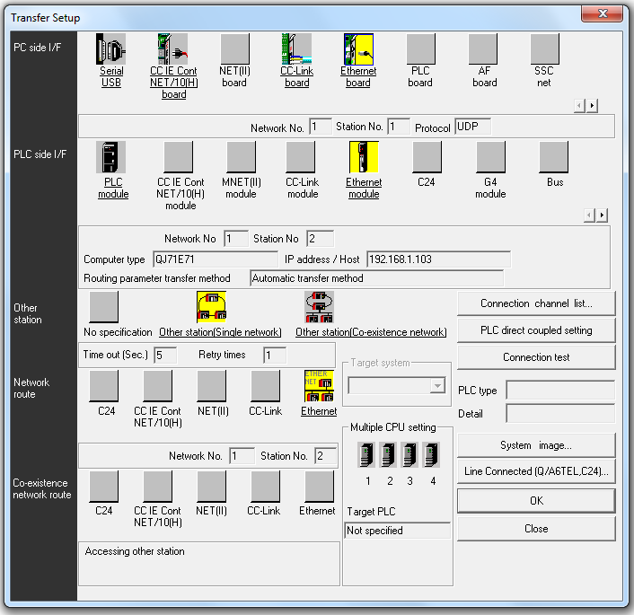 2.2.2 Oppsett av GX IEC Developer for kommunikasjon direkte med Q-PLS via Ethernetmodulen Kommunikasjonen mellom Q-PLS og rigg-pc er oppnådd med Q-PLS ens seriekabel.