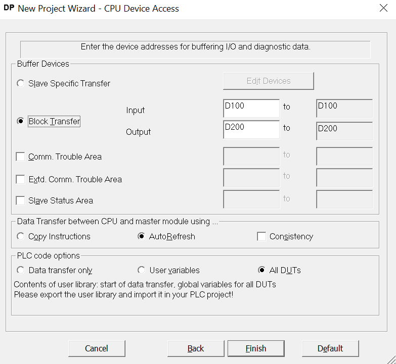 Figur 2.3.2 viser oppsettet av Profibus i master. Her endrer vi kommunikasjonsparameterne og setter FDL adresse på Master. Figur 2.3.2 Master Settings Profibus input- og output-registre velges.