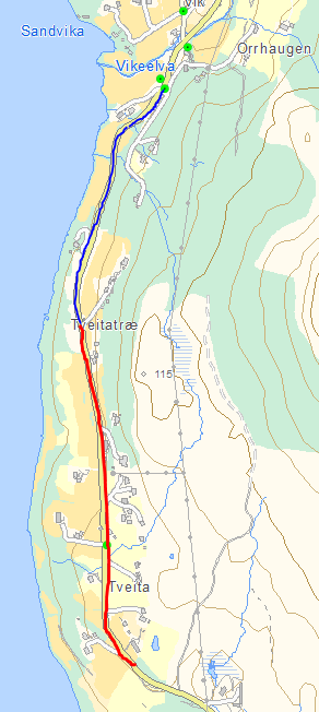 5 Fv 545 Tveita Skuleveg. Blå linje ca 0,6km Raud linje ca. 0,9 km Trong for om lag 30 stk lyspunkt Kostnad: Kr 600.000,- Smal veg raud linje (knappe 6m). ÅDT 1500. Fartsgrense 60 km/t.