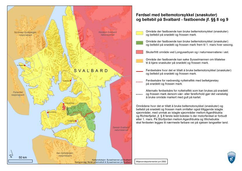 Kart som viser hvor fastboende kan bruke beltemotorsykkel (snøskuter) og beltebil: Som kartet viser kan fastboende i dag kjøre beltemotorsykkel (snøscooter) og beltebil i det området Sysselmannen nå