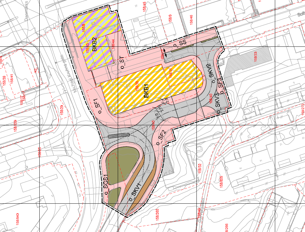 Figur 2. Skisse planforslag Solheimsgaten. Det legges opp til å utvide fortauet inn mot Solheimsgaten ved rundkjøringen.
