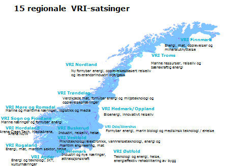 Innsatsområdene i de regionale samhandlingsprosjektene er som vist under. Det ble ikke igangsatt noen nye prosjekter i 2012, da VRI-satsingene er treårige og det utlyses midler hvert tredje år.