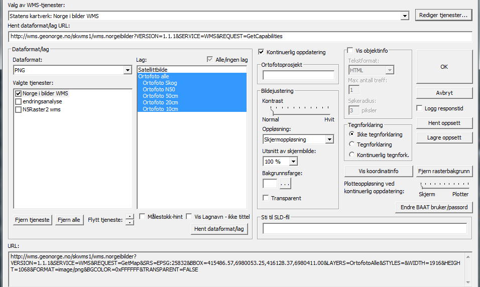 WMS Ortofoto kan også tas inn som en wms-tjeneste fra Norge i bilder. Opptegning av ortofoto fra WMS går tregere enn ved bruk av lokale ortofoto-filer, men kan likevel være et bra alternativ.