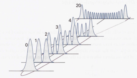 KAPITTEL 2. TEKNIKKER OG APPLIKASJONER (8) Figur 2.5.2: Sansynlighetsfordelinger for de første fem tilstandene til en harmonisk oscillator, og tilstanden med υ = 20.