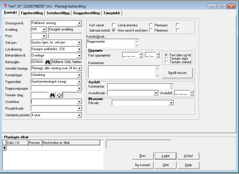 Her har man valgt å gi pasienten et oppmøte og vinduet for poliklinisk time kommer frem.