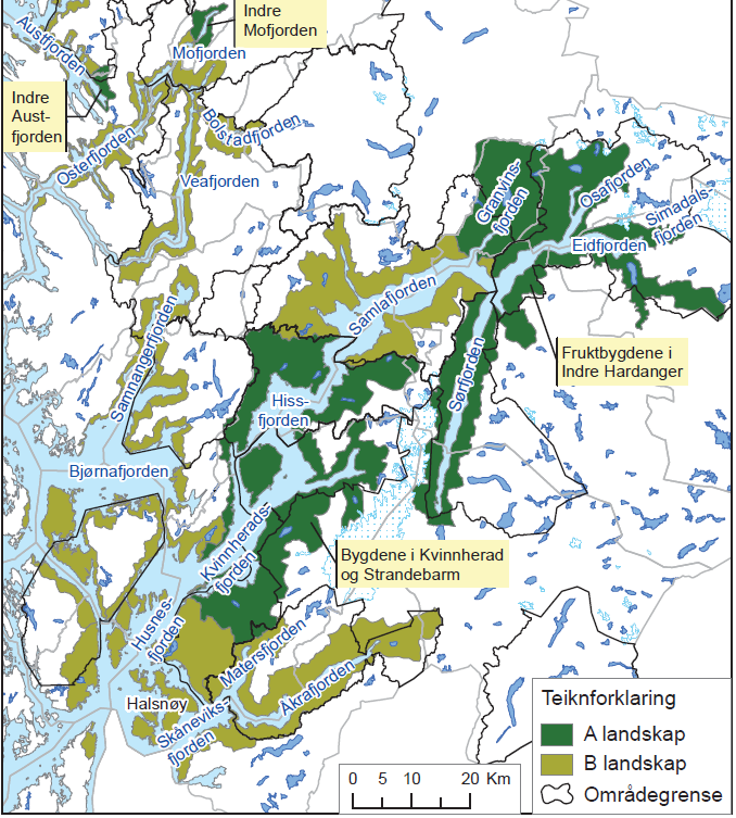 Side 118 av 136 Kart med verdivurdering over fjordane i Hordaland Fjordane i fylket har nasjonale og internasjonale landskapskvalitetar. Fjordlandskapa er klassifisert i A, B og C landskap.