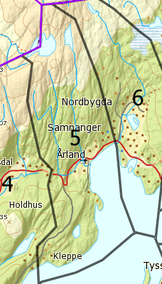 Side 54 av 136 Delområde 5 Delområdet går opp via jordbrukslandskap heilt nede ved Samnangerfjorden ved kyrkjestaden Årland og vidare oppover
