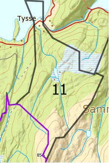 Side 81 av 136 Delområde 11 Dette delområde har ein liten del som går ned langs Samnangerfjorden og går vidare bort frå tettstaden Tysse.