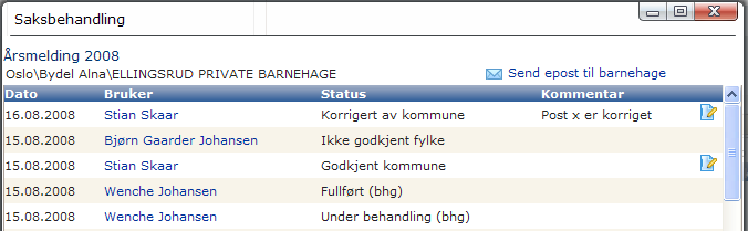 Når statusnivået til skjemaet er Fullført (bhg) kan kommunebrukeren åpne skjemaet ved å klikke på ikonet. Skjemasidene kontrolleres manuelt mot mottatt papirkopi fra barnehagen.