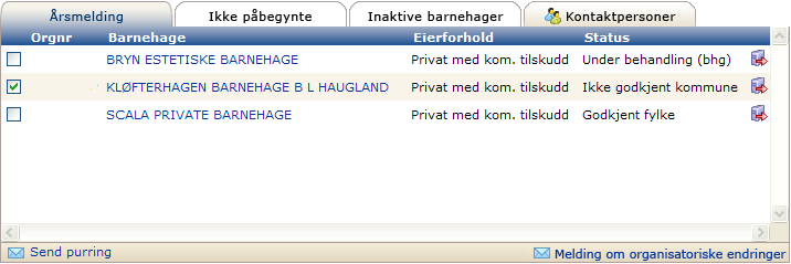 Send purring til barnehage(r) 1. Marker de barnehagene som skal motta en elektronisk purring. Kun barnehager med registrert e-postadresse på styrer har avkrysningsboks. 2. Klikk på. 3.