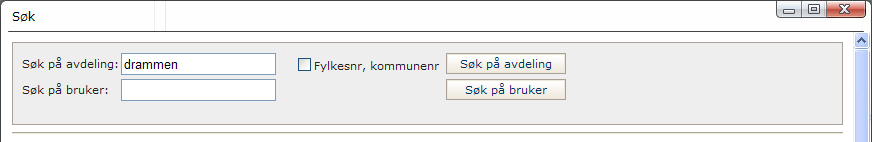 Felt Søk på avdeling Fylkesnr, kommunenr Søk på bruker Forklaring Her kan det søkes på fylkesnavn, kommunenavn,