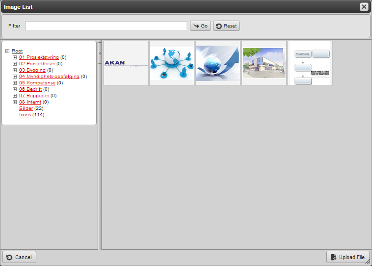 Trykk så på Browse: Figur 19 - Image Manager File Manager kommer opp med alle filer registrert på
