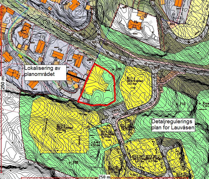 I overordnet reguleringsplan for Lauvåsen, plan nr. 804, er planområdet regulert til friområde, som for øvrig er i samsvar med kommuneplanen.