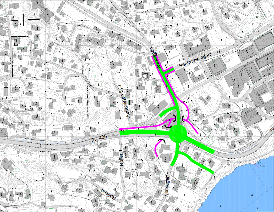 3.6.3 Alt. 7 - Rundkjøring plassert på Trekantentomta Kryssløsning alt. 7 Dette alternativet gir en god løsning for gående og syklende både med tanke på trafikksikkerhet og selve veisystemet.