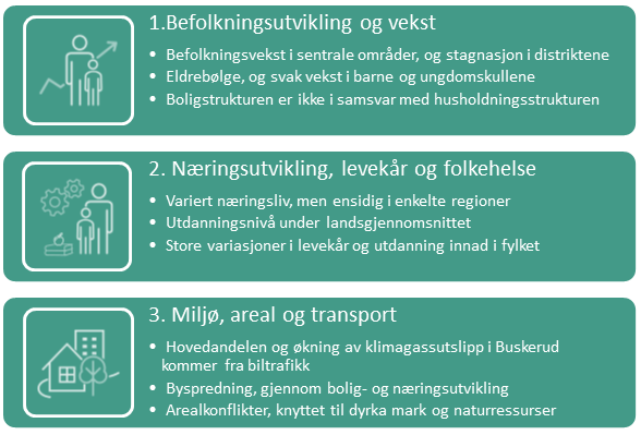 4.1 Buskeruds hovedutfordringer I regional planstrategi skal man redegjøre for viktige regionale utviklingstrekk for Buskerudsamfunnet, vurdere utviklingsmuligheter, samt ta stilling til langsiktige