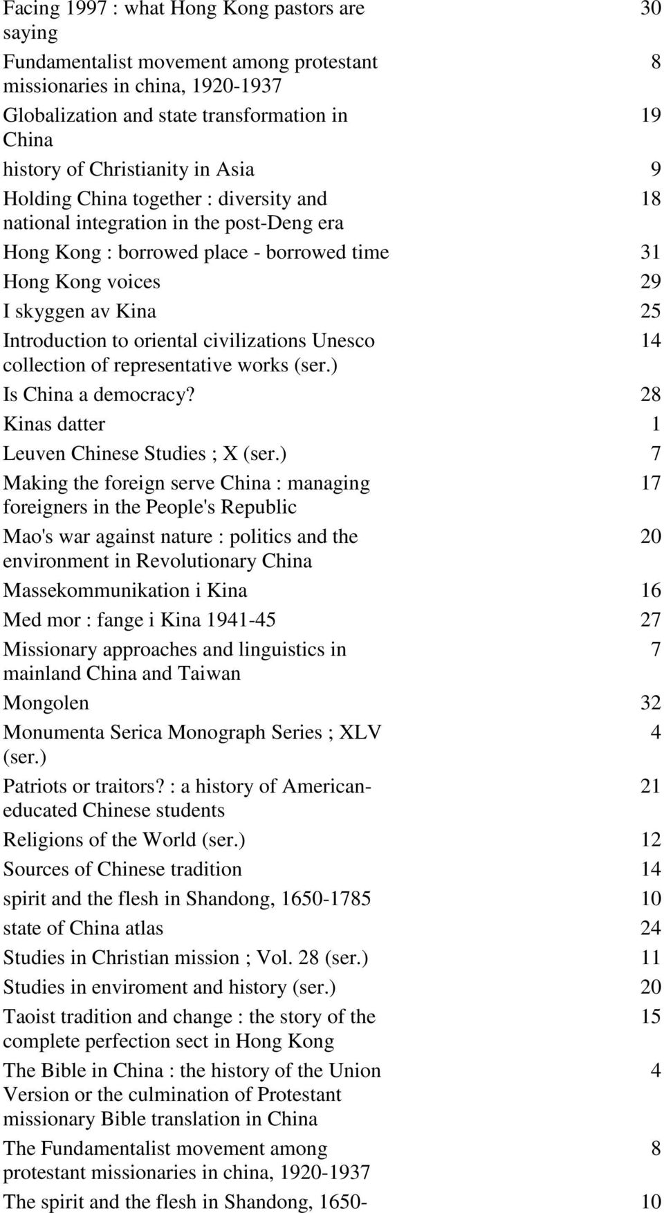 Introduction to oriental civilizations Unesco 14 collection of representative works (ser.) Is China a democracy? 28 Kinas datter 1 Leuven Chinese Studies ; X (ser.