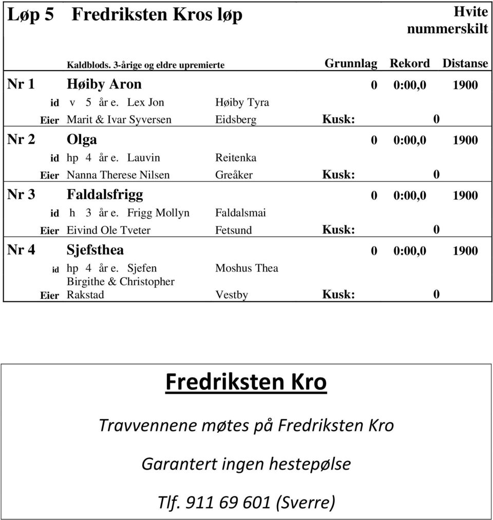 Lauvin Reitenka Eier Nanna Therese Nilsen Greåker Kusk: 0 Nr 3 Faldalsfrigg 0 0:00,0 1900 id h 3 e.