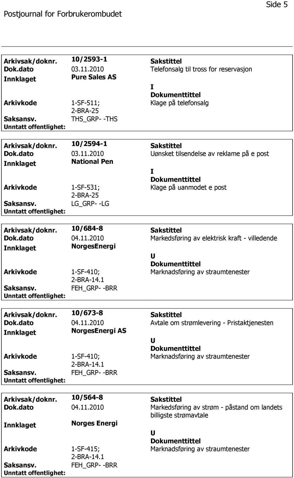 1 Arkivsak/doknr. 10/564-8 Sakstittel Dok.dato 04.11.2010 Markedsføring av strøm - påstand om landets billigste strømavtale Norges Energi 1-SF-415; Marknadsføring av straumtenester 2-BRA-14.1