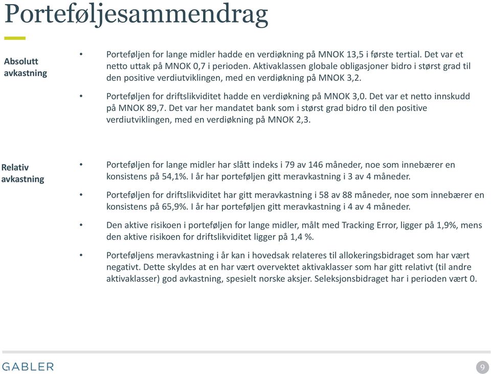 Det var et netto innskudd på MNOK 89,7. Det var her mandatet bank som i størst grad bidro til den positive verdiutviklingen, med en verdiøkning på MNOK 2,3.