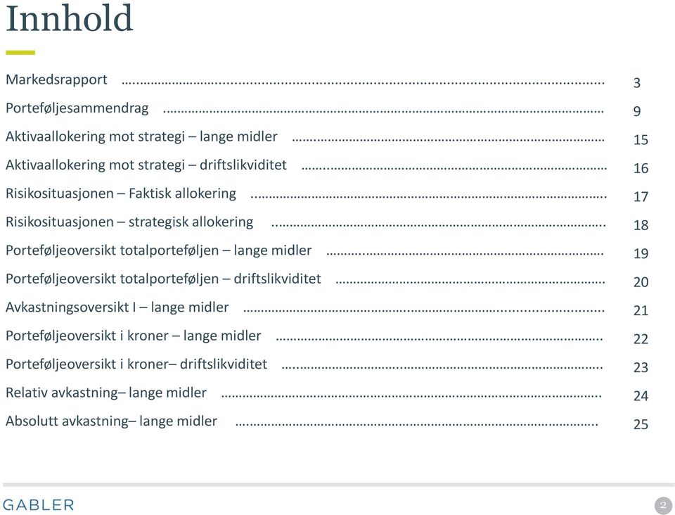 .. Porteføljeoversikt totalporteføljen driftslikviditet. Avkastningsoversikt I lange midler..... Porteføljeoversikt i kroner lange midler.