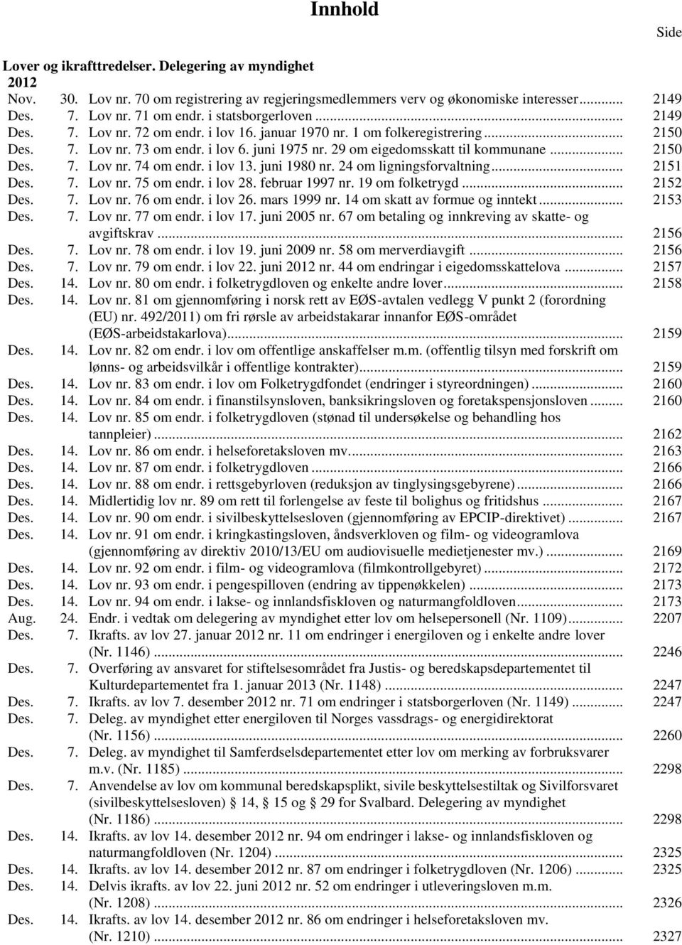 .. 2150 Des. 7. Lov nr. 74 om endr. i lov 13. juni 1980 nr. 24 om ligningsforvaltning... 2151 Des. 7. Lov nr. 75 om endr. i lov 28. februar 1997 nr. 19 om folketrygd... 2152 Des. 7. Lov nr. 76 om endr.