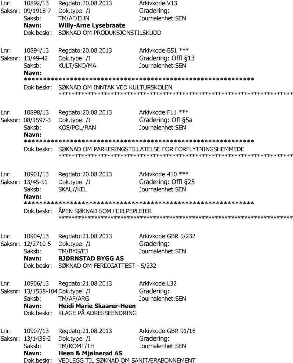 type: /I Ofl 5a Saksb: KOS/POL/RAN Journalenhet:SEN Dok.beskr: SØKNAD OM PARKERINGSTILLATELSE FOR FORFLYTNINGSHEMMEDE ************ Lnr: 10901/13 Regdato:20.08.