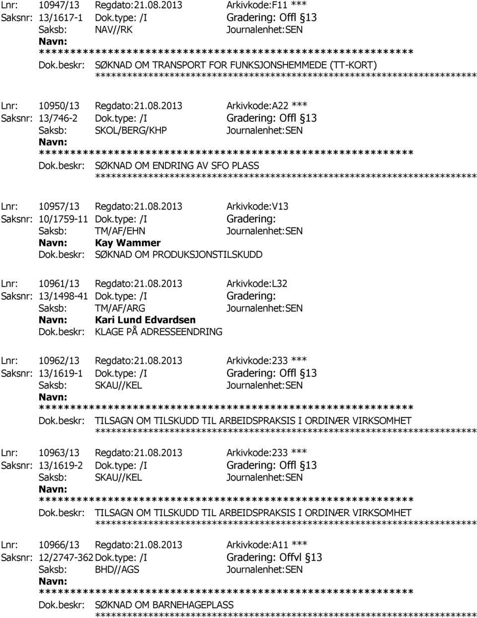 type: /I Offl 13 Saksb: SKOL/BERG/KHP Journalenhet:SEN Dok.beskr: SØKNAD OM ENDRING AV SFO PLASS Lnr: 10957/13 Regdato:21.08.2013 Arkivkode:V13 Saksnr: 10/1759-11 Dok.