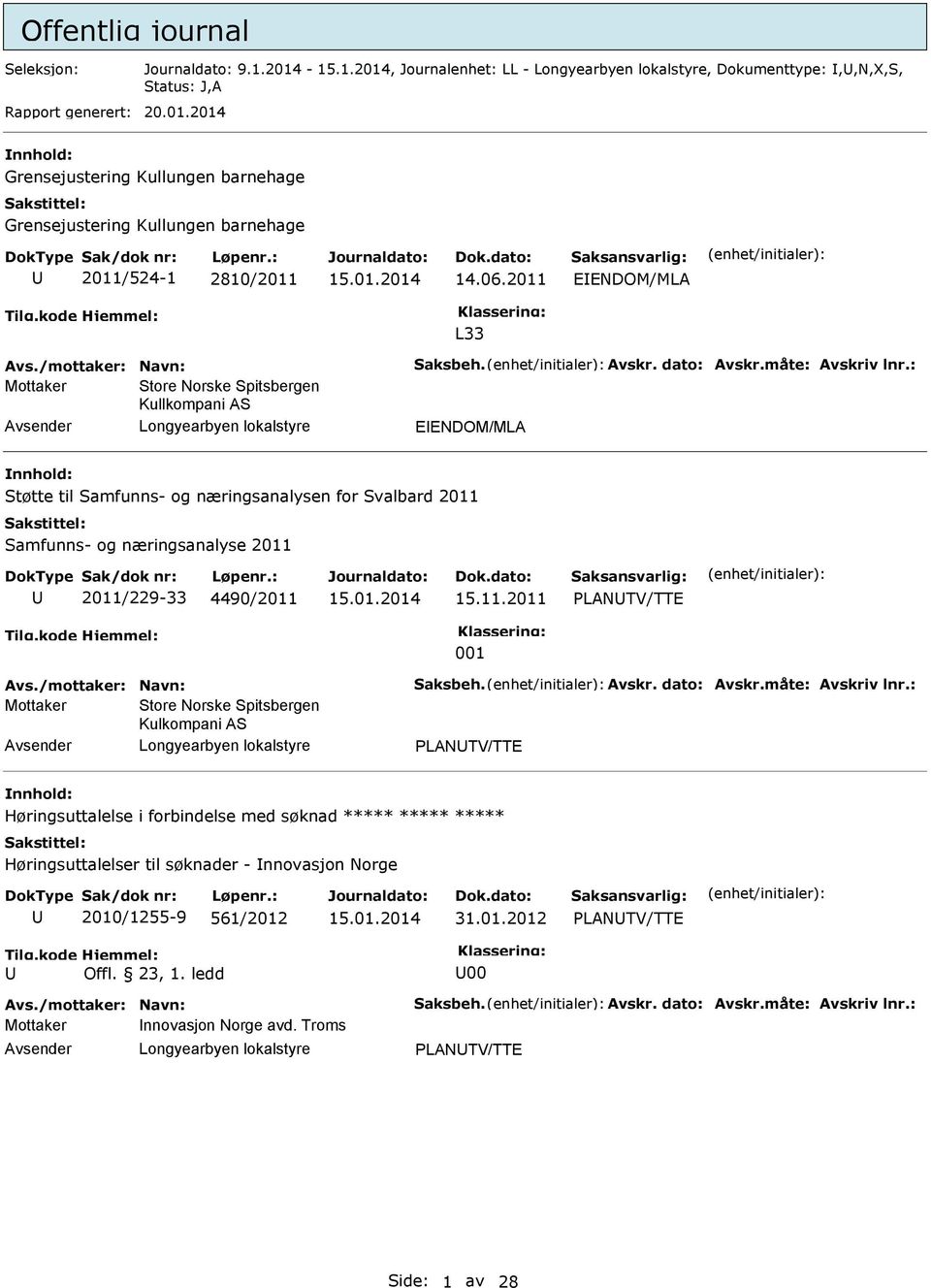 : Mottaker Store Norske Spitsbergen Kullkompani S EENDOM/ML Støtte til Samfunns- og næringsanalysen for Svalbard 2011 Samfunns- og næringsanalyse 2011 2011/229-33 4490/2011 15.11.2011 LNTV/TTE 001 vs.