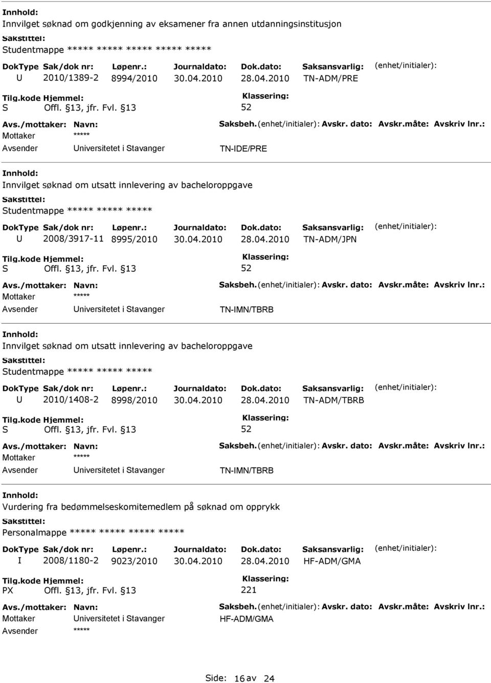 TN-MN/TBRB nnvilget søknad om utsatt innlevering av bacheloroppgave tudentmappe ***** ***** ***** 2010/1408-2 8998/2010 TN-ADM/TBRB niversitetet i tavanger TN-MN/TBRB