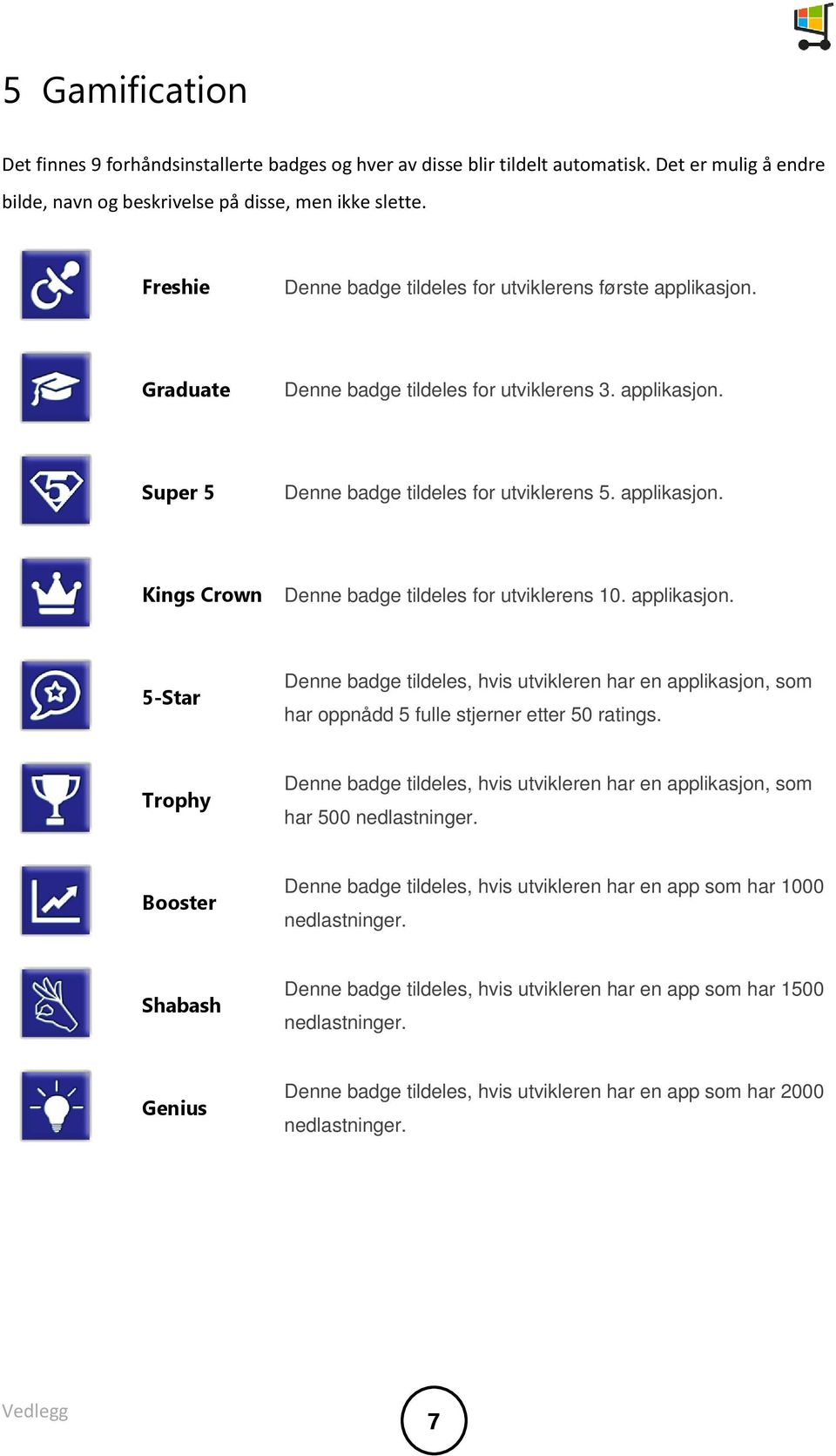 applikasjon. 5-Star Denne badge tildeles, hvis utvikleren har en applikasjon, som har oppnådd 5 fulle stjerner etter 50 ratings.