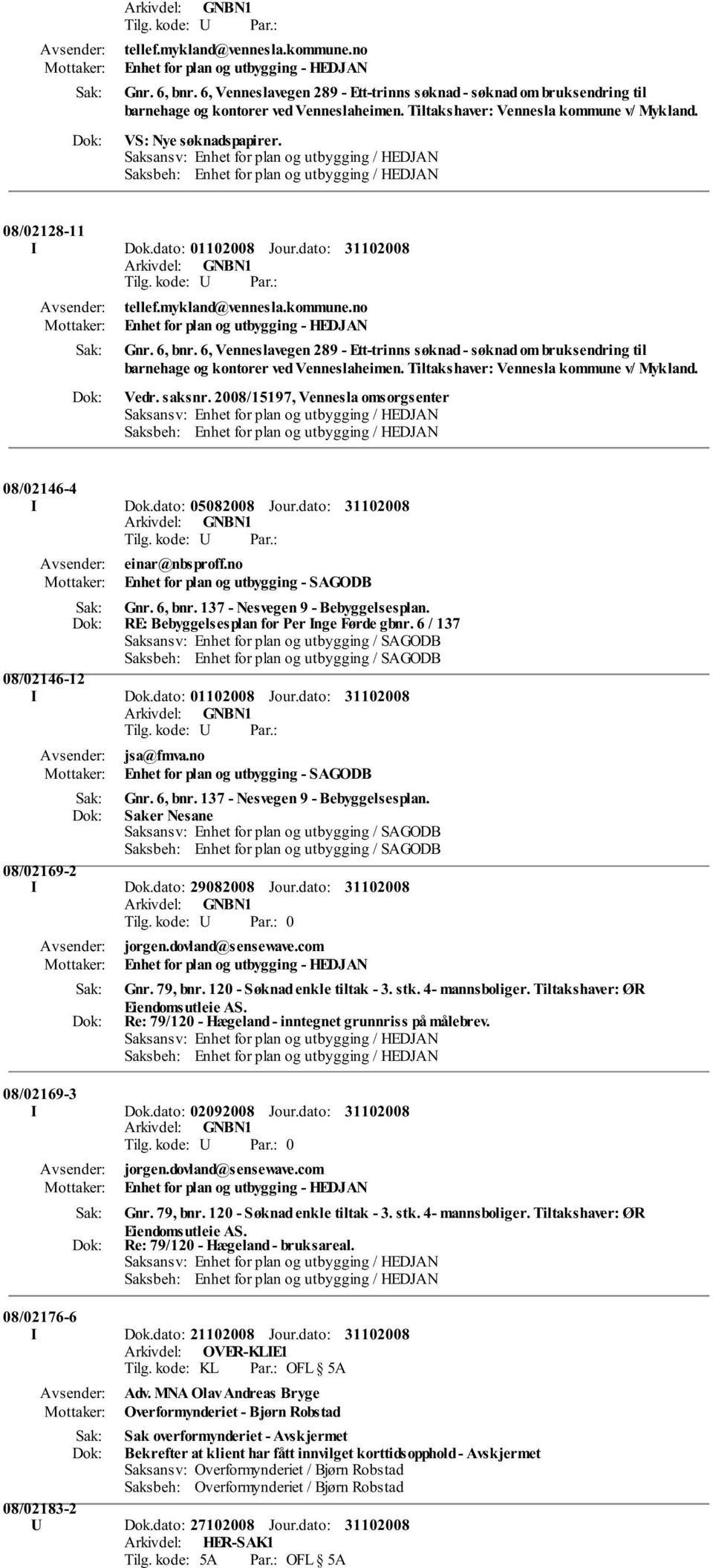 2008/15197, Vennesla omsorgsenter 08/02146-4 I Dok.dato: 05082008 Jour.dato: einar@nbsproff.no Enhet for plan og utbygging - SAGODB Gnr. 6, bnr. 137 - Nesvegen 9 - Bebyggelsesplan.