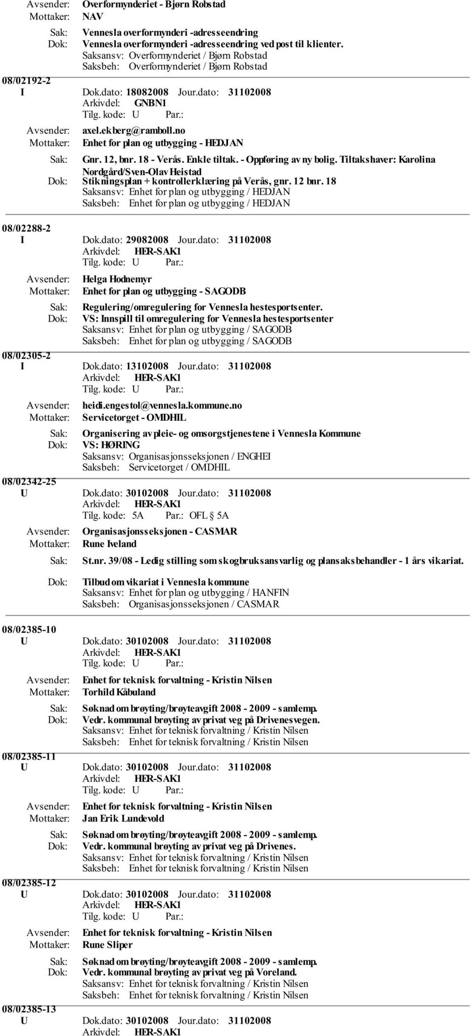 - Oppføring av ny bolig. Tiltakshaver: Karolina Nordgård/Sven-Olav Heistad Stikningsplan + kontrollerklæring på Verås, gnr. 12 bnr. 18 08/02288-2 I Dok.dato: 29082008 Jour.