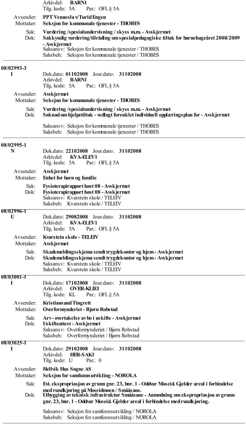 m. - Sakkyndig vurdering/tilråding om spesialpedagogiske tiltak for barnehageåret 2008/2009 - Saksansv: Seksjon for kommunale tjenester / THOBES Saksbeh: Seksjon for kommunale tjenester / THOBES