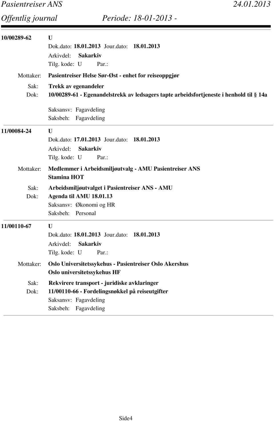 2013 Jour.dato: 18.01.2013 Medlemmer i Arbeidsmiljøutvalg - AMU Pasientreiser ANS Stamina HOT Arbeidsmiljøutvalget i Pasientreiser ANS - AMU Agenda til AMU 18.