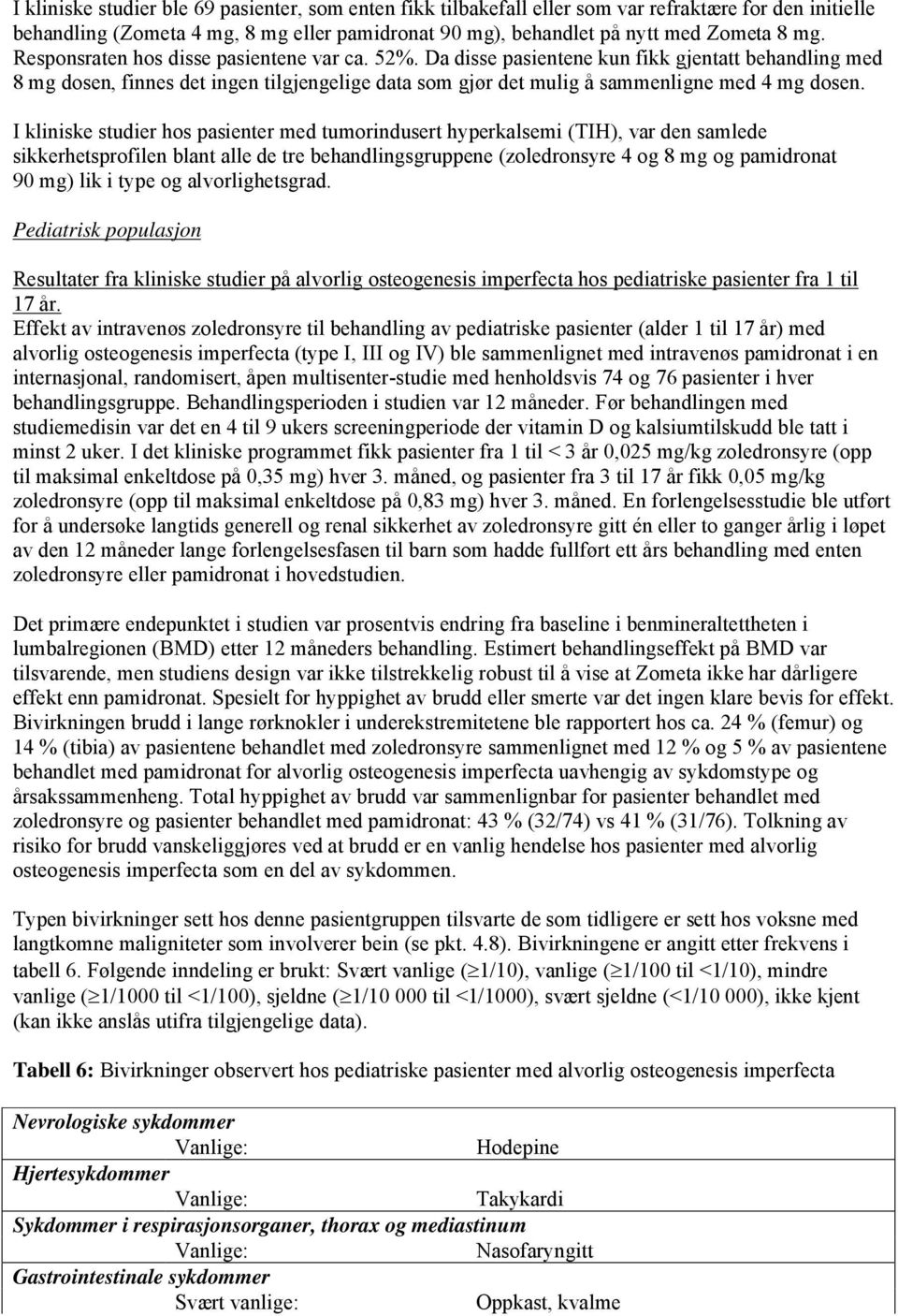 I kliniske studier hos pasienter med tumorindusert hyperkalsemi (TIH), var den samlede sikkerhetsprofilen blant alle de tre behandlingsgruppene (zoledronsyre 4 og 8 mg og pamidronat 90 mg) lik i type