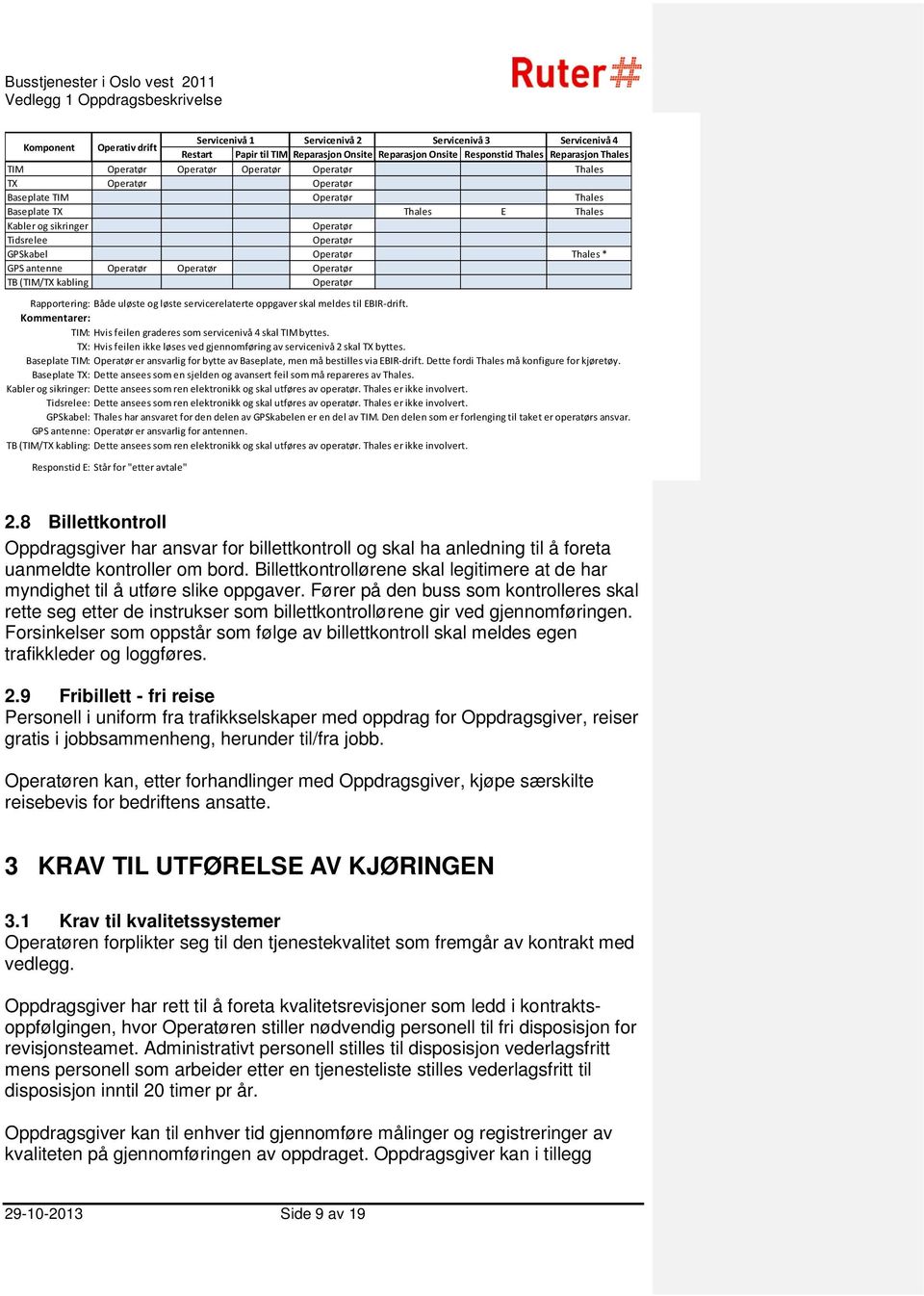 Operatør Operatør Operatør TB (TIM/TX kabling Operatør Rapportering: Både uløste og løste servicerelaterte oppgaver skal meldes til EBIR-drift.