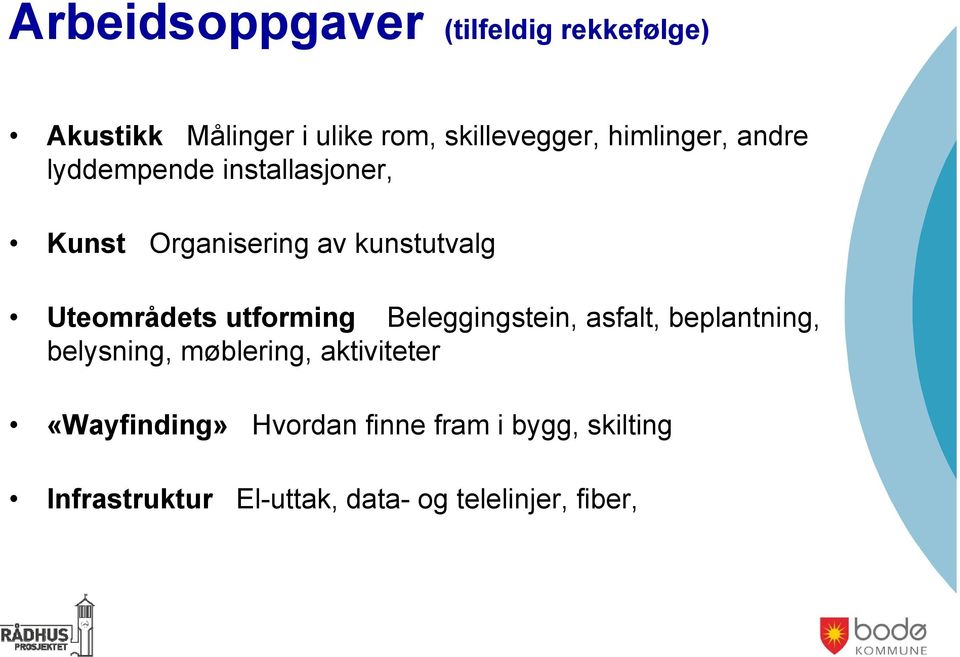 Uteområdets utforming Beleggingstein, asfalt, beplantning, belysning, møblering,