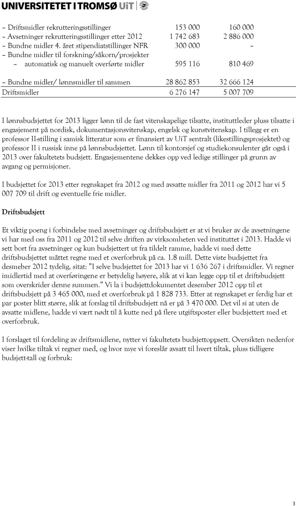 Driftsmidler 6 276 147 5 007 709 I lønnsbudsjettet for 2013 ligger lønn til de fast vitenskapelige tilsatte, instituttleder pluss tilsatte i engasjement på nordisk, dokumentasjonsvitenskap, engelsk