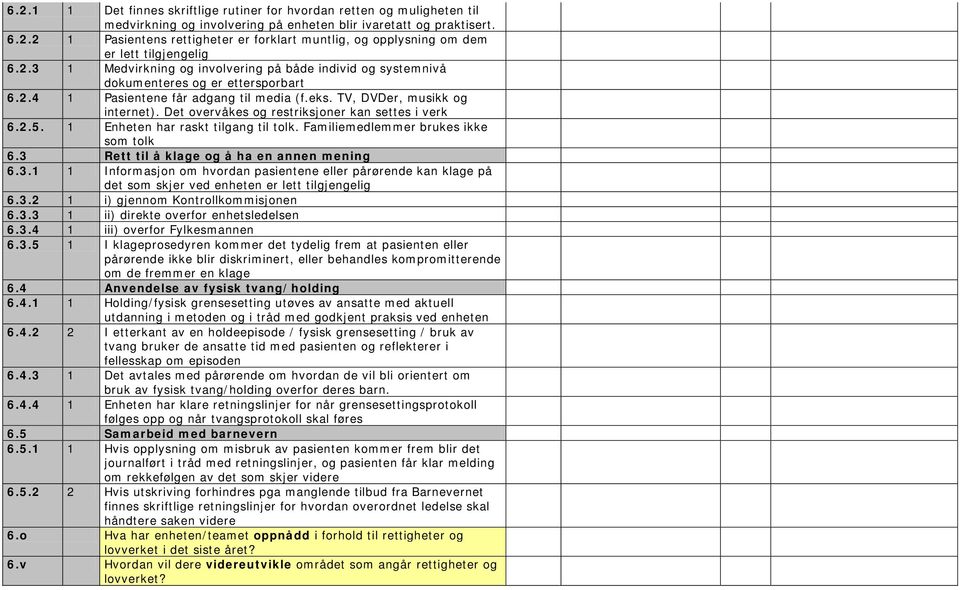 Det overvåkes og restriksjoner kan settes i verk 6.2.5. 1 Enheten har raskt tilgang til tolk. Familiemedlemmer brukes ikke som tolk 6.3 