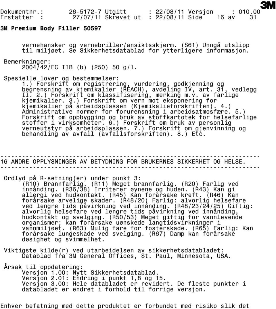 31, vedlegg II. 2.) Forskrift om klassifisering, merking m.v. av farlige kjemikalier. 3.) Forskrift om vern mot eksponering for kjemikalier på arbeidsplassen (Kjemikalieforskriften). 4.