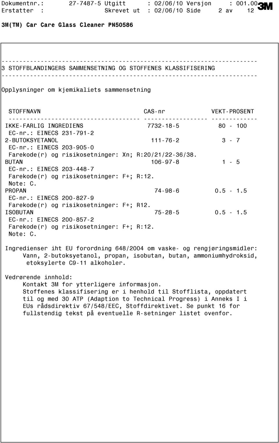 INGREDIENS 7732185 80 100 ECnr.: EINECS 2317912 2BUTOKSYETANOL 111762 3 7 ECnr.: EINECS 2039050 Farekode(r) og risikosetninger: Xn; R:20/21/2236/38. BUTAN 106978 1 5 ECnr.