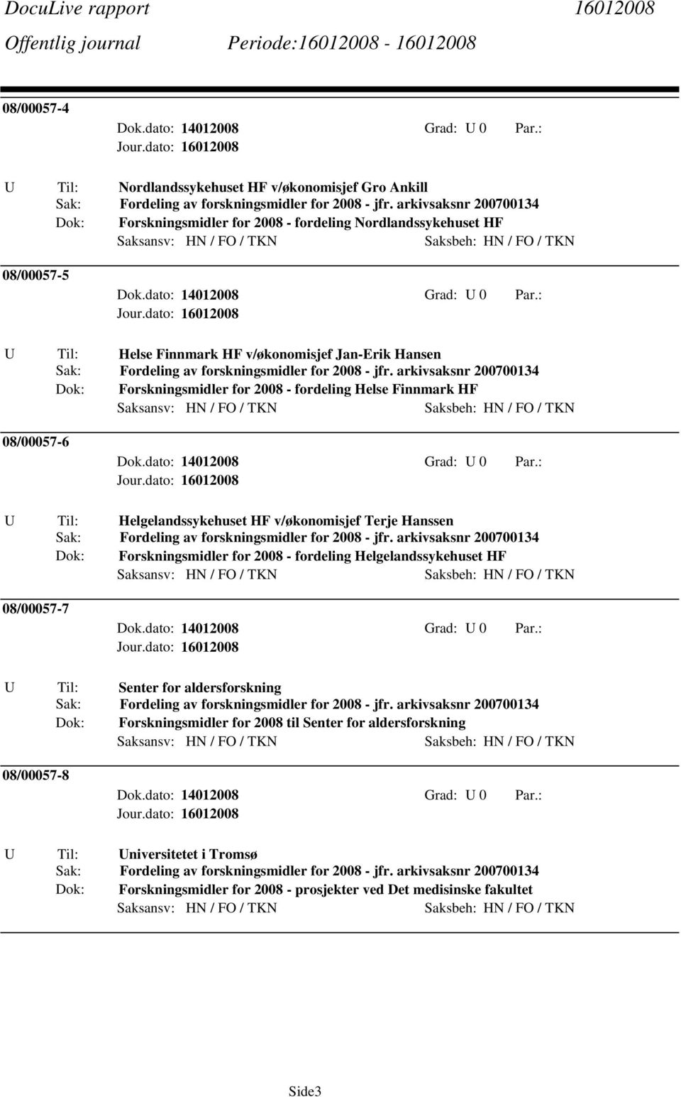 v/økonomisjef Terje Hanssen Dok: Forskningsmidler for 2008 - fordeling Helgelandssykehuset HF 08/00057-7 U Til: Senter for aldersforskning Dok: