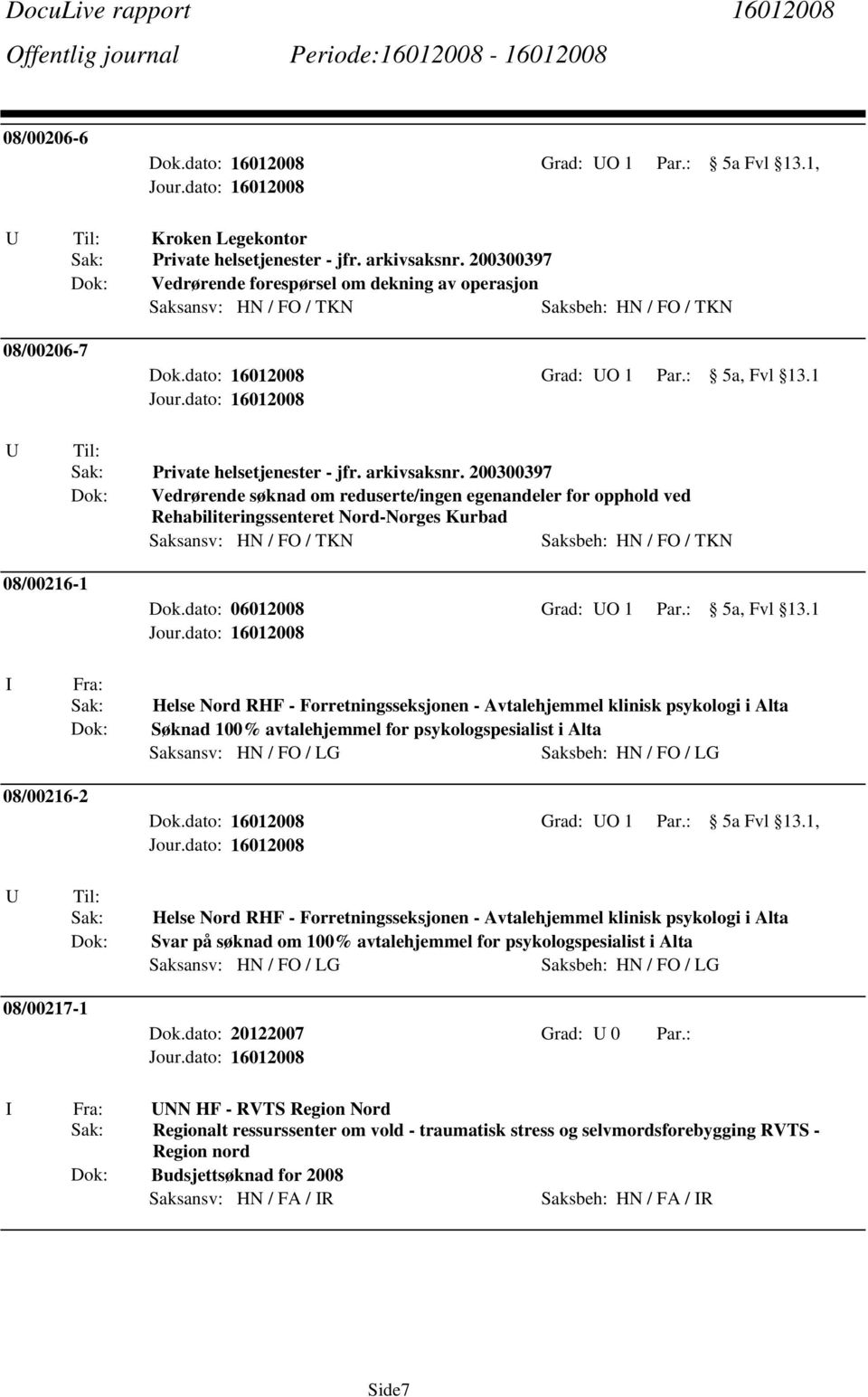 200300397 Dok: Vedrørende søknad om reduserte/ingen egenandeler for opphold ved Rehabiliteringssenteret Nord-Norges Kurbad 08/00216-1 Dok.dato: 06012008 Grad: UO 1 Par.: 5a, Fvl 13.