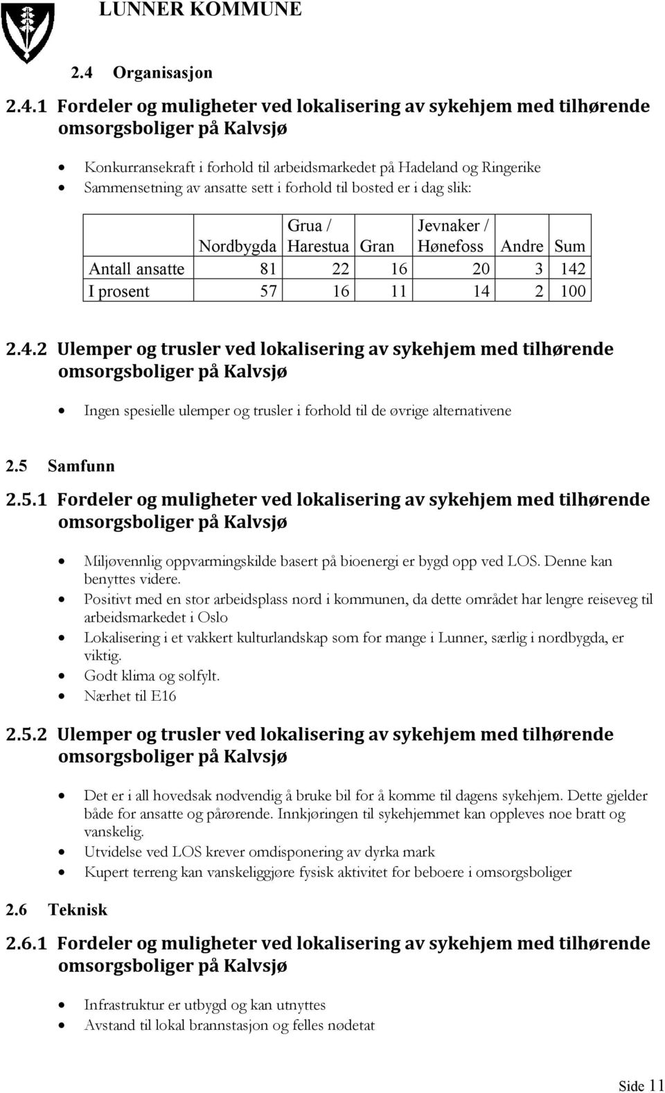 I prosent 57 16 11 14 2 100 2.4.2 Ulemper og trusler ved lokalisering av sykehjem med tilhørende omsorgsboliger på Kalvsjø Ingen spesielle ulemper og trusler i forhold til de øvrige alternativene 2.