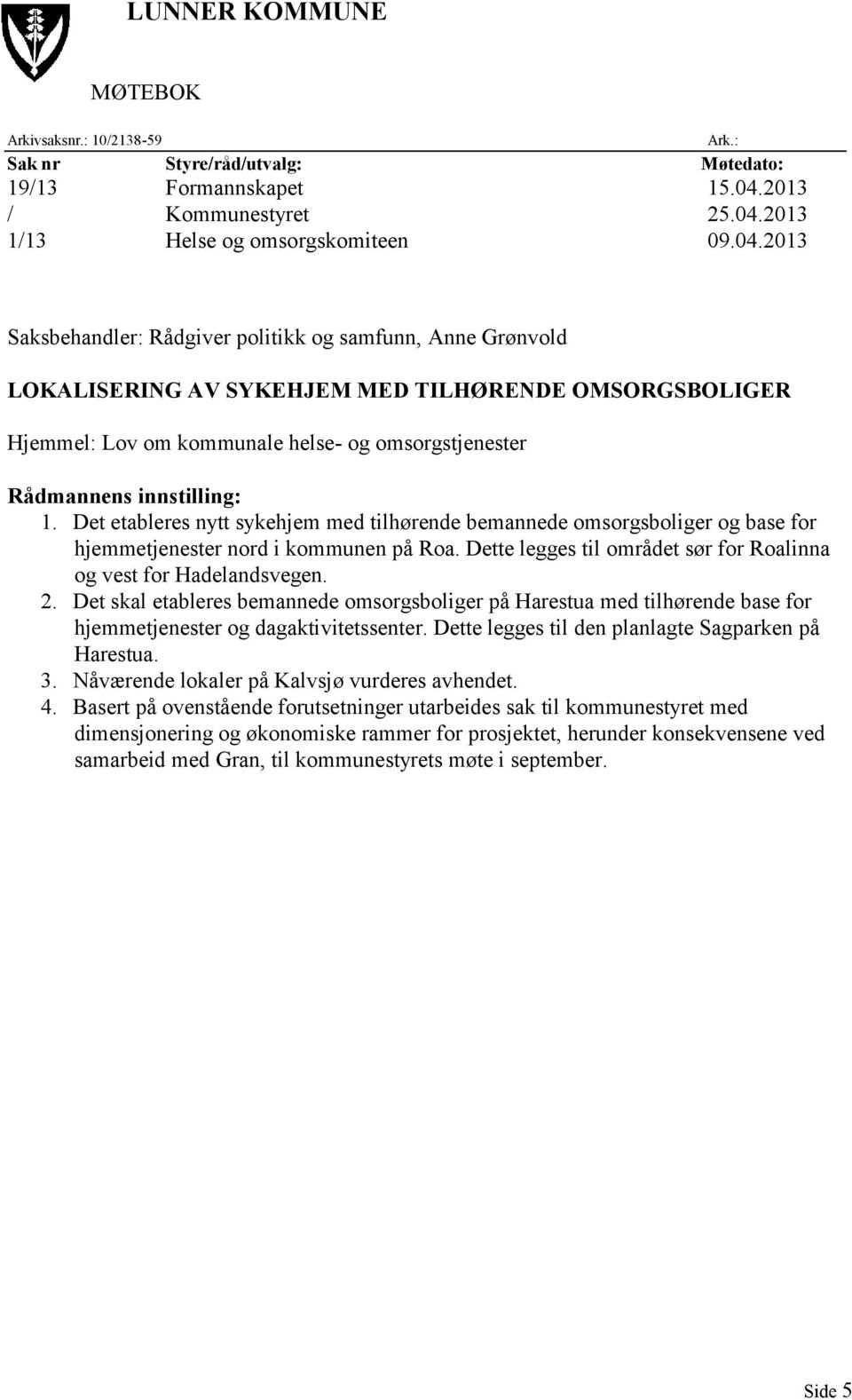 Det etableres nytt sykehjem med tilhørende bemannede omsorgsboliger og base for hjemmetjenester nord i kommunen på Roa. Dette legges til området sør for Roalinna og vest for Hadelandsvegen. 2.