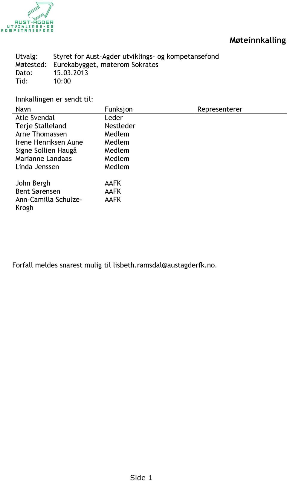 Nestleder Medlem Irene Henriksen Aune Medlem Signe Sollien Haugå Medlem Marianne Landaas Medlem Linda Jenssen Medlem John