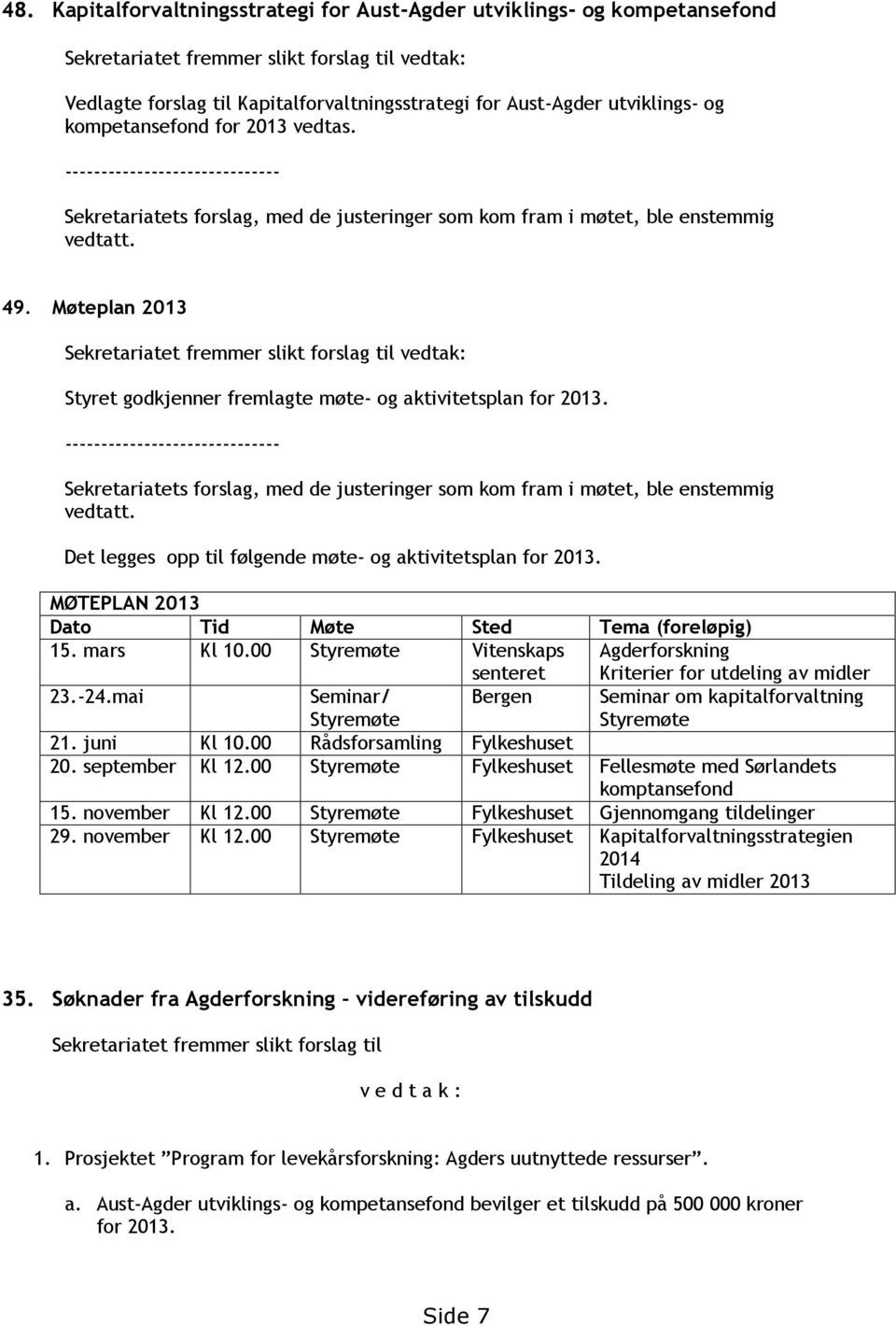 Møteplan 2013 Sekretariatet fremmer slikt forslag til vedtak: Styret godkjenner fremlagte møte- og aktivitetsplan for 2013.