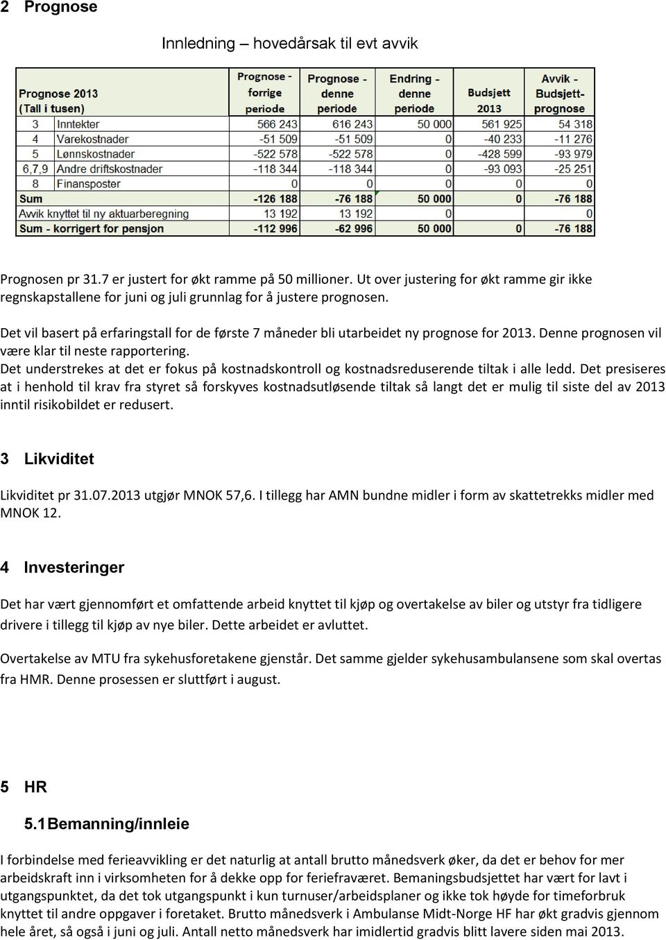 Det vil basert på erfaringstall for de første 7 måneder bli utarbeidet ny prognose for 2013. Denne prognosen vil være klar til neste rapportering.