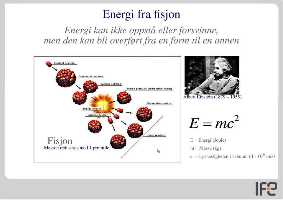 (1879 1955) Fisjon Massen reduseres med 1 promille E = Energi